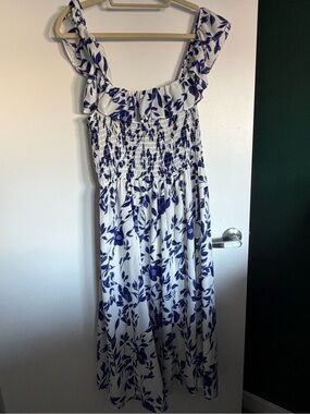 RARE WRAY Blue Floral Midi Sundress with Ruffle Neckline